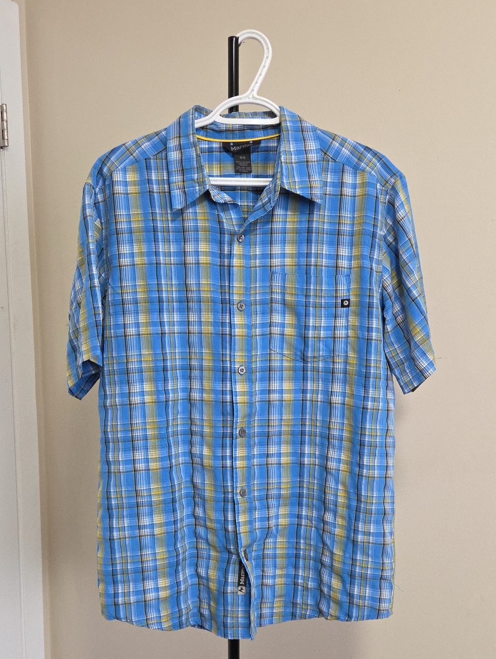Marmot Blue and Yellow Plaid Short-Sleeve Button-Down Shirt